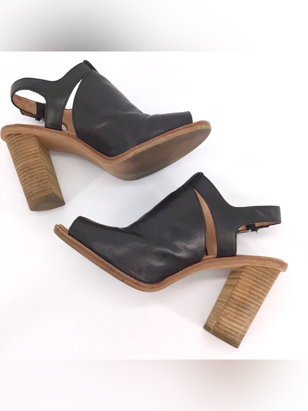 Madewell Black Leather Peep Toe Stacked Sling Back Sandals Heel Size 9